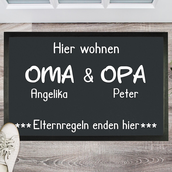 Fußmatte "Familie" Hier wohnen Oma und Opa Elternregeln enden hier mit Namen Personalisierbar Geschenk Opa Oma