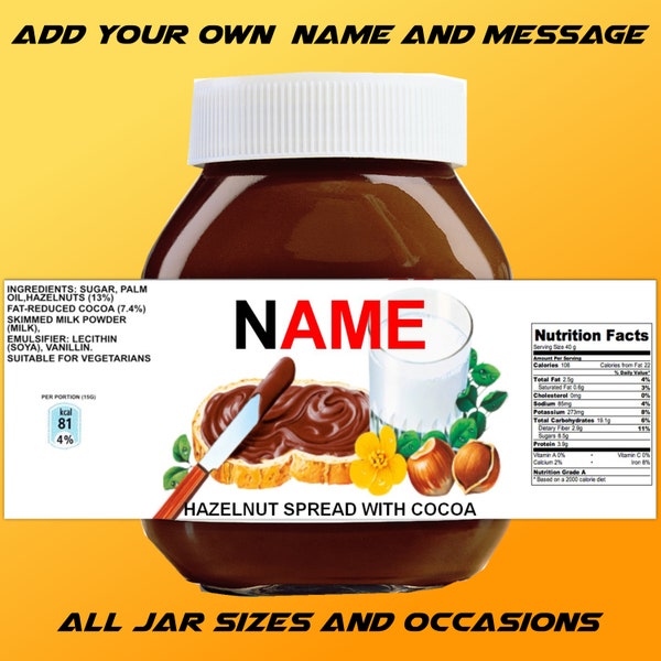 CUSTOM NUTELLA LABELS - Personalise with Name and Message - The Perfect Gift to Match Any Occasion - Stocking Filler