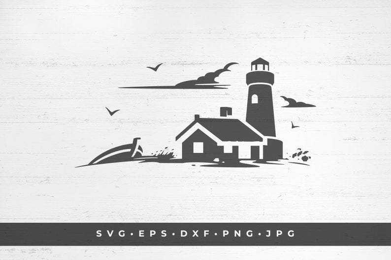 Download Fishing village with lighthouse and boat silhouette vector ...
