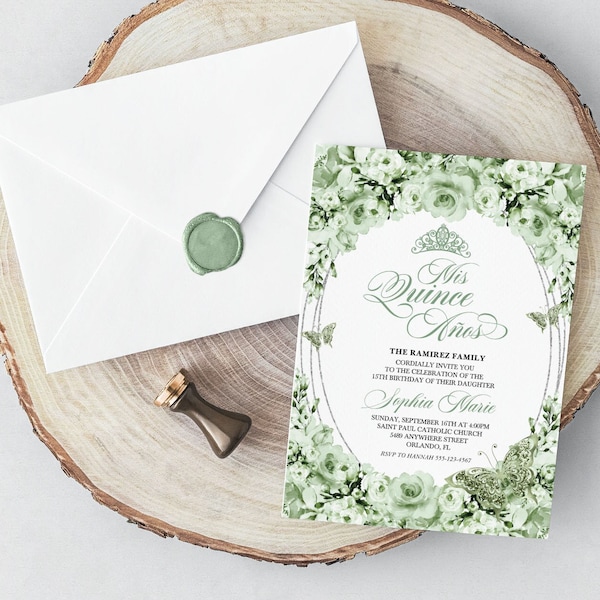 Editable Invitation, Elegant Sage Green Floral Quinceanera Invitation