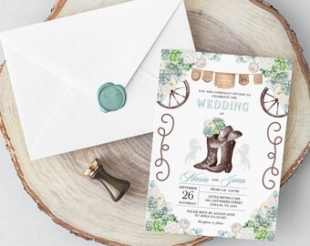 May include: A wedding invitation with a rustic theme. The invitation features a watercolor illustration of cowboy boots, a wagon wheel, and succulents. The text on the invitation reads "You are cordially invited to celebrate the wedding of Maria and Juan, September 26, Saturday, from 3:30-9:30 PM, Little Bistro Cafe, 3661 Anywhere Street, Dallas, TX 75243. Please RSVP by August 26th to Anna 12347. Reception to follow."