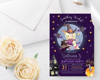 May include: Purple invitation with a cartoon witch flying on a broomstick with bats and stars. The text reads "Something Wicked is Brewing. Join us for Sabrina's Spooktacular Birthday Party. Saturday, October 31 from 12:30-2:30 PM. Sabrina's House, 3346 Anywhere Street, Houston, TX 12345. Please RSVP to Kate at 335.1234567."