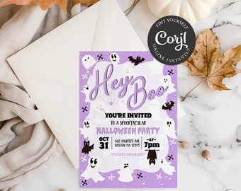 May include: A lavender Halloween party invitation with the words "Hey Boo" in a whimsical font. The invitation includes ghost and bat illustrations, with the text "You're invited to a Spooktacular Halloween Party" and event details.