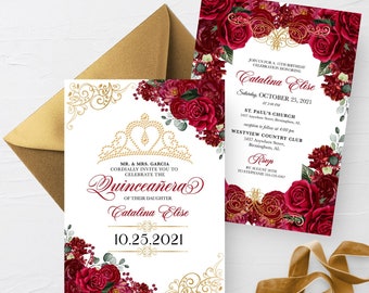 EDITABLE Invitation, Elegant Red and Gold Floral Quinceanera Invitation, Birthday Invite, Mis Quince, Printable Invite, Template, Corjl