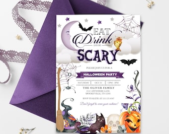 May include: A Halloween party invitation with a purple and white color scheme. The invitation features a crescent moon, bats, a spider web, a witch's hat, a broom, a pumpkin, a cat, and an owl. The text on the invitation reads "Eat, Drink and Be Scary. Please join us for a Halloween Party. Saturday, Oct 31, 12PM-3PM. The Oliver Family, 2147 Anywhere Lane, Spookyville, TN 12345. RSVP to Katie at 555.123.4567. Don't forget to wear your costume!"