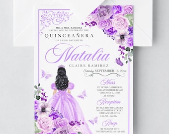 May include: Purple and white floral Quinceañera invitation with a watercolor illustration of a girl in a lavender dress. The invitation includes the name Natalia Claire Ramirez, the date September 16, and the text "Mass" and "Reception" with details for each event.