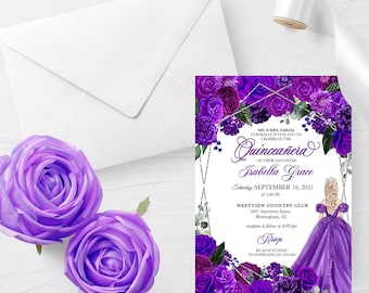 Pode incluir: Um convite de Quinceañera roxo e prateado com um design floral e uma silhueta de uma menina com um vestido roxo. O convite inclui o texto "MR & MRS. GARCIA CORDIALLY INVITE YOU TO CELEBRATE THE Quinceañera of their daughter Isabella Grace Saturday, SEPTEMBER 16, 2021 AT 2:00 PM WESTVIEW COUNTRY CLUB 5437 Anywhere Street, Birmingham, Al. reception to follow at 4:00 pm RSVP BY AUGUST 20th TO STEPHANIE 333-123-4567"