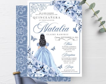 Elegant Dusty Blue Floral Quinceanera Invitation (Editable Template) Digital
