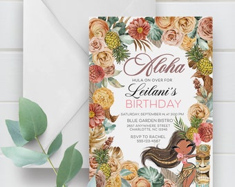 EDITABLE Invitation, Aloha Tropical Luau Birthday Invitation, Hula Girl, Hawaii, Tropical Pool Party, Printable, Template, Corjl