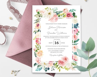 EDITABLE Invitation, Pink & Peach Floral Wedding Invitation, Spring, Summer Wedding Invite, Wedding Invite, Printable, Corjl