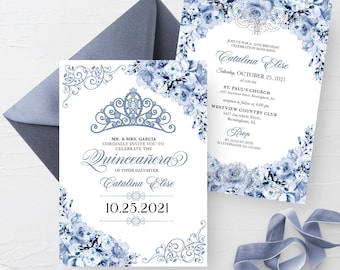 Dusty Blue Floral Quinceanera Invitation: Elegant Editable Template (Corjl) Digital
