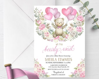 May include: A pink and white baby shower invitation with a teddy bear holding pink balloons and surrounded by flowers. The text reads "We can bearly wait" and "Join us for a Baby Shower honoring Sheila Edwards".