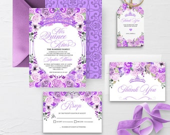 EDITABLE Invitation, Lilac Purple Floral Quinceanera Invitation Bundle, Mis Quince Anos, Birthday, Printable, Template, Corjl