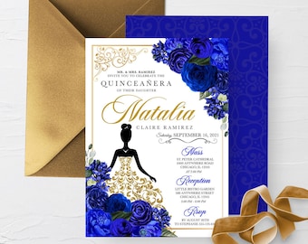 Pode incluir: Um convite de Quinceañera azul e dourado com uma silhueta de uma menina em um vestido dourado e flores azuis. O texto diz "MR. & MRS. RAMIREZ INVITE YOU TO CELEBRATE THE QUINCEAÑERA OF THEIR DAUGHTER Natalia CLAIRE RAMIREZ Saturday SEPTEMBER 16, 2021 Mass ST. PETER CATHEDRAL 6400 ANYWHERE ROAD CHICAGO, IL 12345 AT 2:00 PM Reception LITTLE BISTRO GARDEN 508 ANYWHERE STREET CHICAGO, IL 12345 3:00 PM - 6:00 PM RSVP BY AUGUST 20TH TO STEPHANIE 333-125-434"