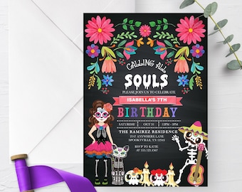 May include: A Day of the Dead themed birthday party invitation with a black chalkboard background. The invitation features colorful flowers, a skeleton playing a guitar, and a girl dressed as a skeleton. The text on the invitation reads "Calling All Souls" and "Isabella's 7th Birthday".