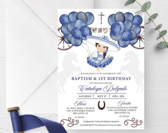 May include: A white invitation card with blue and white watercolor illustrations of a girl in a traditional Mexican dress holding blue balloons. The text on the card reads "Please join us to celebrate the Baptism & 1st Birthday of our daughter Cataleya Delgado, Saturday, Sept 23, 12PM-3PM, Misa, St. Paul Holy Church, 5489 Anywhere Street, Orlando, FL, at 3:00 PM, Fiesta, Gusto's Ranch & Winery, 5489 Anywhere Street, Orlando, FL, at 5:00 PM, Godparents: Gusto & Julianna Ramirez, Please RSVP to Helen at 555.123.4567."