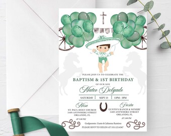 Green Silver Baby Charro Invitation: Baptism Birthday Fiesta (Editable Template) Digital