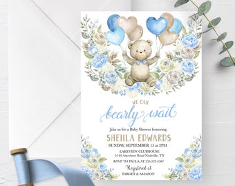 May include: A blue and white baby shower invitation with a teddy bear holding balloons. The invitation says "We can barely wait" and includes the name "Sheila Edwards".