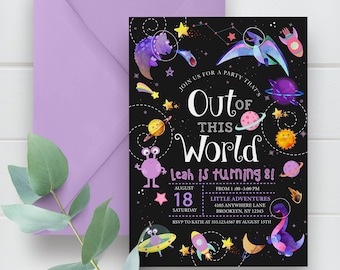 May include: Purple and black birthday party invitation with a space theme. The invitation says "Join us for a party that's Out of This World. Leah is turning 8!" with a date and time for the party. The invitation has a colourful illustration of planets, stars, rockets, and aliens.