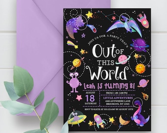 EDITABLE Invitation, Dinosaur Outer Space Birthday Invitation, Galaxy, Out Of This World, Printable Birthday Invitation Template, Corjl