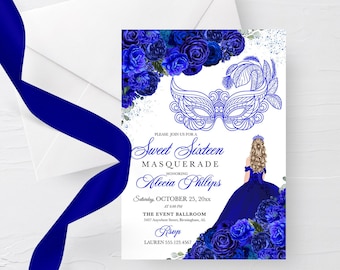 May include: Blue and white Sweet Sixteen masquerade party invitation with a blue floral design, a masquerade mask, and a woman in a blue gown. The text on the invitation reads "Please join us for a Sweet Sixteen Masquerade honoring Alecia Philips Saturday, October 25, 20xx at 6:00 PM The Event Ballroom 5437 Anywhere Street, Birmingham, AL RSVP Lauren 555.123.4567"