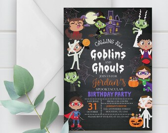 May include: A black and white Halloween party invitation with a chalkboard background. The invitation features a variety of cartoon characters dressed in Halloween costumes, including a werewolf, a witch, a mummy, a Frankenstein, a vampire, and a superhero. The text on the invitation reads "Calling All Goblins and Ghouls Join Us For Jordan's Spooktacular Birthday Party Saturday October 31 From 12:30-2:30 PM Jordan's House 3346 Anywhere Street Houston, TX 12345 Please RSVP to Kate at 555.123.4567".