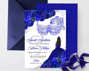 May include: A Sweet Sixteen Masquerade invitation in shades of blue. The invitation features a masquerade mask illustration, floral accents, and event details. The invitation is accompanied by a matching envelope and a patterned backing.