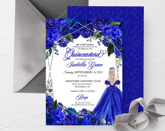 Inbjudningskort till Quinceanera med kungligt blått och blommigt silver (redigerbar mall) Digitalt