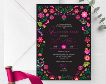 May include: A black Quinceañera invitation with a floral border in pink, yellow, green, and purple. The invitation includes the text "You are cordially invited to celebrate the Quinceañera honoring Ayurah Grace" and event details.