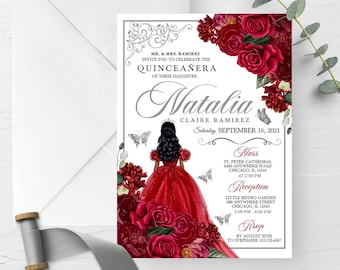 May include: A Quinceañera invitation with a red and white floral design. The invitation features a cartoon illustration of a young woman in a red dress. The text on the invitation reads "MR. & MRS. RAMIREZ INVITE YOU TO CELEBRATE THE QUINCEAÑERA OF THEIR DAUGHTER Natalia CLAIRE RAMIREZ Saturday, SEPTEMBER 16, 2021 Mass ST. PETER CATHEDRAL 6400 ANYWHERE ROAD CHICAGO, IL 12345 AT 2:00 PM Reception LITTLE BISTRO GARDEN 588 ANYWHERE STREET CHICAGO, II. 12345 3:00 PM - 6:00 PM Rsvp BY AUGUST 20TH TO STEPHANIE 555-123-4567"