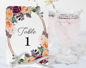 EDITABLE Template, Peach and Purple Floral Wedding Table Number, Wedding, Table Number, Template, Watercolor Florals, Fall, Printable, Corjl