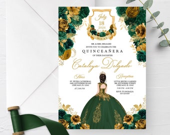 May include: A Quinceañera invitation with a green and gold floral design. The invitation features a shield with the text "July 18, 2026, Mis XV" and the text "Mr. & Mrs. Delgado invite you to celebrate the Quinceañera of their daughter Cataleya Delgado". The invitation also includes details for the Mass and Reception.