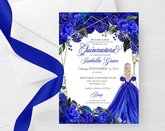 Pode incluir: Convite azul e dourado para Quinceañera com borda floral e silhueta de uma menina em um vestido azul. O texto diz "MR. & MRS. GARCIA CORDIALLY INVITE YOU TO CELEBRATE THE Quinceañera OF THEIR DAUGHTER Isabella Grace Saturday, SEPTEMBER 16, 2021 AT 2:00 PM WESTVIEW COUNTRY CLUB 5437 Anywhere Street, Birmingham, AL reception to follow at 4:00 pm RSVP BY AUGUST 20TH TO STEPHANIE 555-123-4567"