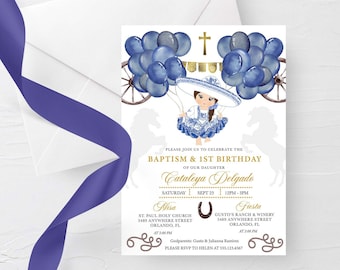 May include: A white invitation with gold text announcing a baptism and first birthday party for Cataleya Delgado. The invitation features a watercolor illustration of a girl wearing a blue and white dress and a sombrero, holding blue balloons. The text includes the date, time, and locations for the baptism and birthday party.