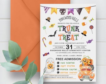 May include: Invitation to a Trunk or Treat event at Pinewood Hills Community Center on October 31st from 4 PM to 9 PM. The event features face painting, craft station, pumpkin carving, and a costume contest. Free admission. Costumes encouraged. Don't forget your treat bucket!