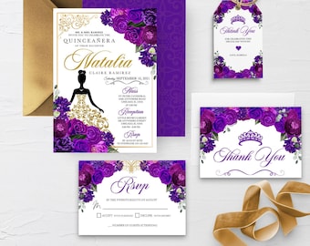 EDITABLE Invitation, Purple and Gold Floral Quinceanera Invitation Bundle, Mis Quince Anos, Birthday Invite, Printable, Template, Corjl