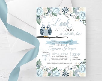 May include: A baby shower invitation with a blue and white owl design. The invitation says "Look Whoooo is almost due" and includes the name "Teyanna Harper".