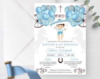 May include: A blue and white invitation for a baptism and first birthday party. The invitation features a cartoon illustration of a baby boy wearing a sombrero and holding balloons. The text on the invitation reads "Please join us to celebrate the Baptism & 1st Birthday of our son Mateo Delgado".