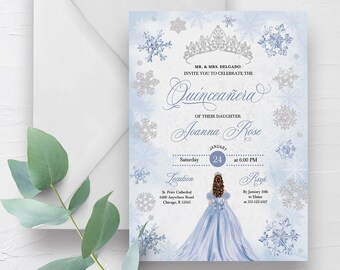 May include: A Quinceañera invitation with a light blue and silver snowflake design. The invitation includes the text "MR. & MRS. DELGADO INVITE YOU TO CELEBRATE THE Quinceañera OF THEIR DAUGHTER Joanna Rose". The date is January 24.