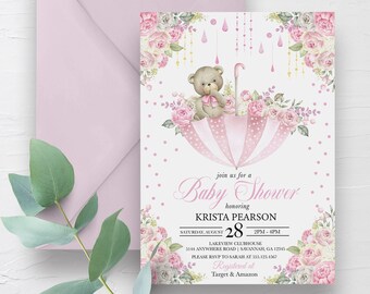 Pink Teddy Bear Baby Sprinkle Invitation: Floral Umbrella (Editable Template) Digital