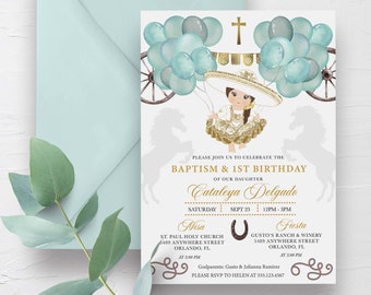 May include: A baptism and first birthday invitation with a watercolor illustration of a girl in a traditional Mexican dress holding balloons. The invitation includes the name Cataleya Delgado, the date and time of the events, and the locations of the church and the reception. The invitation is decorated with a cross, a horseshoe, and a rope border.