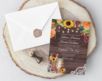May include: Fall wedding invitation with a rustic wood background, sunflowers, pumpkins, and string lights. The invitation reads "Together with their families Juliana Harrison and Brendon Williams request the pleasure of your company at the celebration of their union Saturday September 27th, 20xx at four o'clock in the afternoon Chatrac Elan Ballroom Hide Anywhere Street Atlanta GA 12545 Reception to follow"