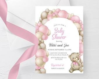 Roze teddybeer babyshower uitnodiging: ballonnenboog (bewerkbare sjabloon) digitaal