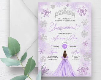 May include: Purple and silver Quinceañera invitation with a snowflake design. The invitation features a crown, a silhouette of a girl in a purple dress, and the text "Quinceañera" and "Joanna Rose".