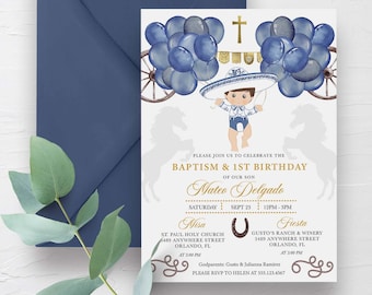 May include: A blue and gold invitation for a baptism and first birthday party. The invitation features a cartoon illustration of a baby boy wearing a sombrero and holding blue balloons. The text on the invitation reads "Please join us to celebrate the Baptism & 1st Birthday of our son Mateo Delgado. Saturday, Sept 23, 12PM-3PM. Misa: St. Paul Holy Church, 6489 Anywhere Street, Orlando, FL, at 3:00 PM. Fiesta: Gusto's Ranch & Winery, 5489 Anywhere Street, Orlando, FL, at 5:00 PM. Godparents: Gusto & Julianna Ramirez. Please RSVP to Helen at 555.123.4567."