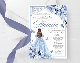 Elegant Dusty Blue Floral Quinceanera Invitation (Editable Template) Digital