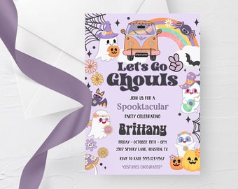 May include: Purple invitation with a cartoon ghost, bat, and van with the text "Let's Go Ghouls" and "Spooktacular" for a Halloween party celebrating Brittany. The invitation includes the date, time, address, and RSVP information.