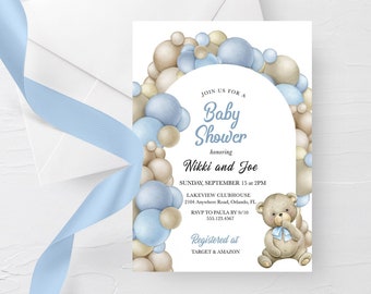 Blue Teddy Bear Baby Shower Invitation: Editable Balloon Arch Template (Corjl) Digital