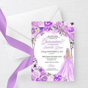 EDITABLE Invitation, Elegant Lilac Purple Floral Quinceanera Invitation, Birthday Invite, Mis Quince, Printable, Template, Corjl