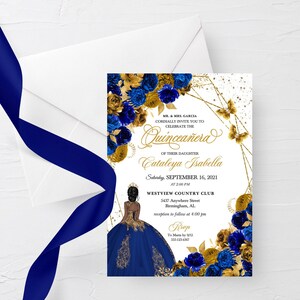 EDITABLE Invitation, Royal Blue & Gold Floral Quinceanera Invitation, Birthday Invite, Mis Quince, Printable, Template, Corjl